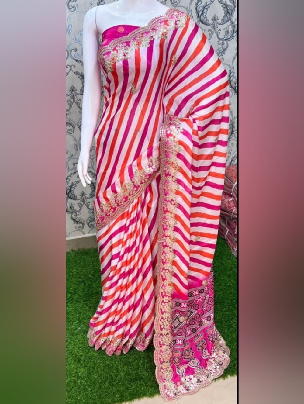Pink & Orange Striped Saree with Cut Work Border